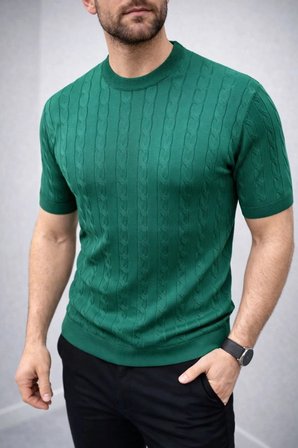Erkek Yazlık Triko Dokuma Tişört Kısa Kol Bisiklet Yaka Örgü Desenli T-Shirt - Haki