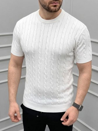 Erkek Yazlık Triko Dokuma Tişört Kısa Kol Bisiklet Yaka Örgü Desenli T-Shirt - Beyaz