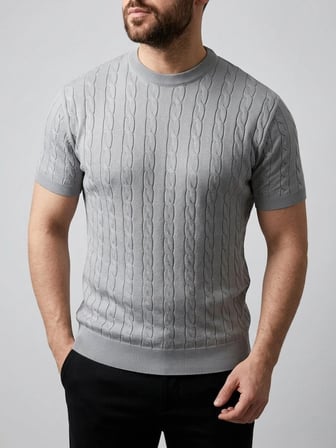 Erkek Yazlık Triko Dokuma Tişört Kısa Kol Bisiklet Yaka Örgü Desenli T-Shirt - Gri