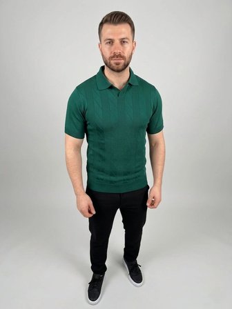 Erkek Yazlık Triko Dokuma Tişört Kısa Kol Polo Yaka T-Shirt - Koyu Yeşil