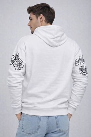 Erkek  İplik Pamuklu Kapüşonlu Baskılı SweatShirt hoodie - Beyaz