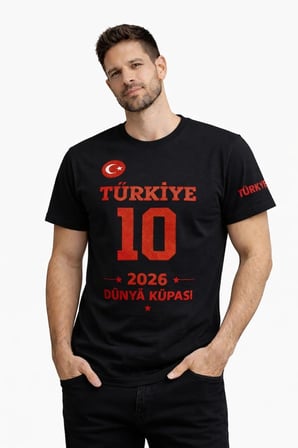 Erkek TÜRKİYE Baskılı Tişört  Dünya Kupası Taraftar Forma T-Shirt - Siyah