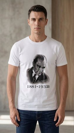 Erkek Atatürk Baskılı Tişört Kısa Kollu Bisiklet Yaka T-Shirt - Beyaz
