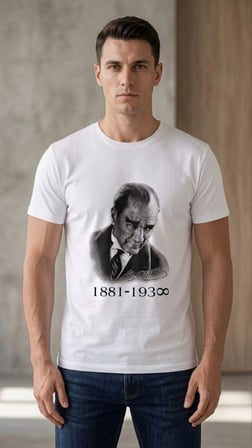 Erkek Atatürk Baskılı Tişört Kısa Kollu Bisiklet Yaka T-Shirt - Beyaz