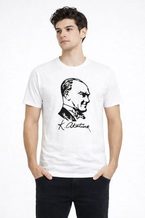 Erkek Atatürk Baskılı Tişört Kısa Kollu Bisiklet Yaka T-Shirt - Beyaz