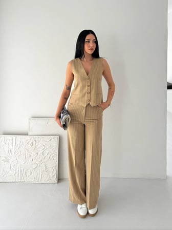 Kadın Çizgili Tansel Kumaş Yelek Pantolon İkili Takım Ofis Şık Modern - Bej