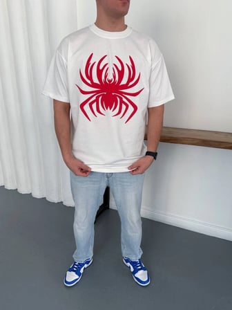Erkek Örümcek Baskılı Tişört Kısa Kollu Bisiklet Yaka T-Shirt - Beyaz
