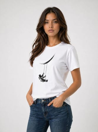 Kadın Astronot Ay Temalı Tişört Kısa Kol Yazlık Bisiklet Yaka T-Shirt - Beyaz