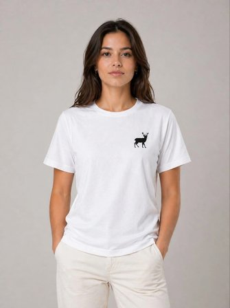 Kadın Minimal Geyik Logolu Tişört Bisiklet Yaka Kısa kol Yazlık T-Shirt - Beyaz