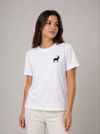 Kadın Minimal Geyik Logolu Tişört Bisiklet Yaka Kısa kol Yazlık T-Shirt - Beyaz