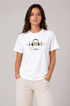 Kadın Müzik Temalı Baskılı Tişört Bisiklet Yaka Kısa Kol T-Shirt - Beyaz