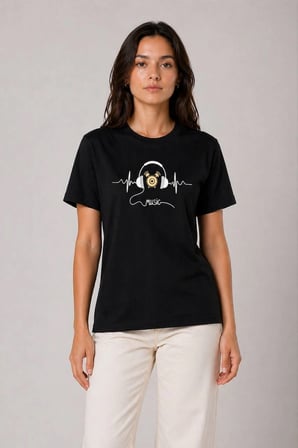 Kadın Müzik Temalı Baskılı Tişört Bisiklet Yaka Kısa Kol T-Shirt - Siyah