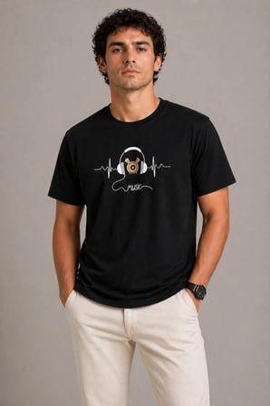 Erkek Müzik Temalı Baskılı Tişört Bisiklet Yaka Kısa Kol T-Shirt - Siyah