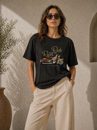 Kadın Motosiklet Baskılı Tişört Bisiklet Yaka Kısa Kol Yazlık T-Shirt - Siyah
