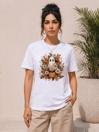Kadın Balkabağı Hayalet Baskılı Tişört Kısa Kol Yazlık T-Shirt - Beyaz