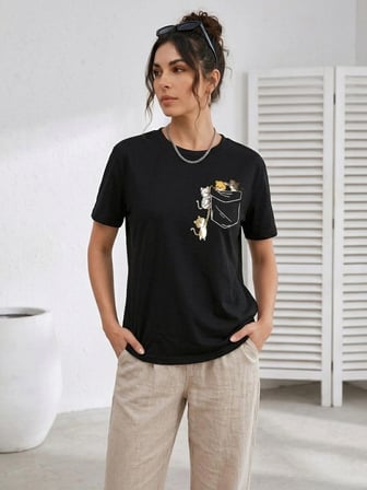 Kadın Sevimli Kedi Cep Baskılı Tişört Kısa Kol Yazlık T-Shirt - Siyah