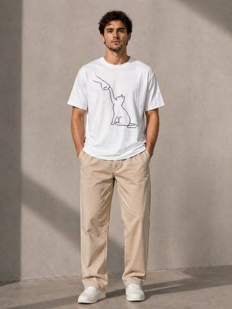 Erkek Minimal Kedi Çizim Baskılı Tişört Kısa Kol Yazlık T-Shirt - Beyaz