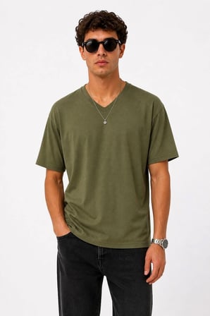 Erkek V Yaka Basic Tişört Kısa Kol Yazlık Regular Fit T-Shirt - Haki