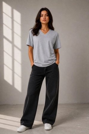 Kadın V Yaka Basic Tişört Kısa Kol Yazlık Regular Fit T-Shirt - Gri