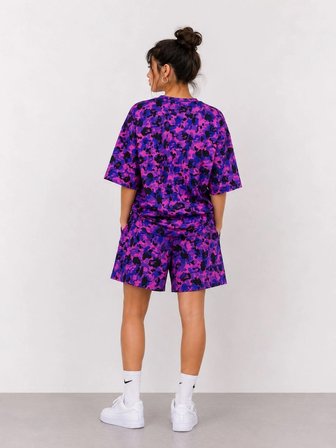 Kadın Oversize Kalıp Pubg Bape X Shark Nakışlı Cepli Şort Takım - Mor