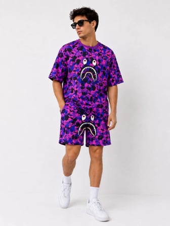Erkek Oversize Kalıp Pubg Bape X Shark Nakışlı Cepli Şort Takım - Mor