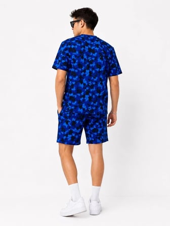 Erkek Oversize Kalıp Pubg Bape X Shark Nakışlı Cepli Şort Takım - Mavi