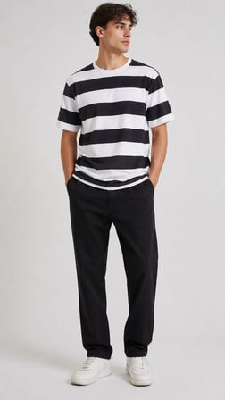 Erkek Çizgili Oversize Tişört Bisiklet Yaka Kısa Kol Yazlık T-Shirt - Siyah
