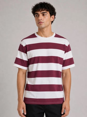 Erkek Çizgili Oversize Tişört Bisiklet Yaka Kısa Kol Yazlık T-Shirt - Bordo