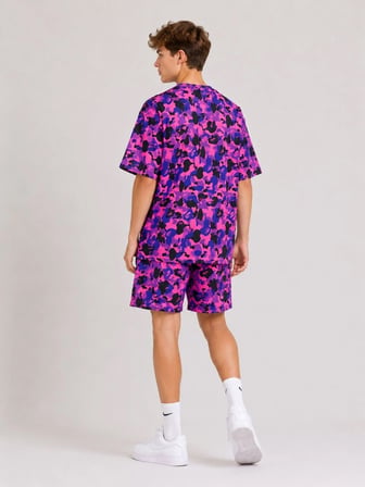Erkek Çocuk Oversize Kalıp Pubg Bape X Shark Nakışlı Cepli Şort Takım - Mor