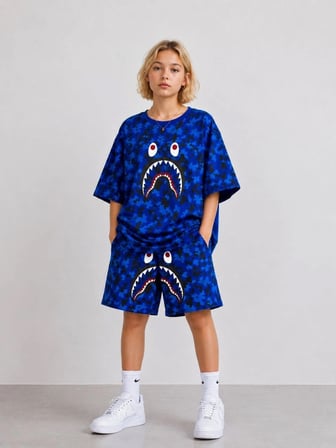 Erkek Çocuk Oversize Kalıp Pubg Bape X Shark Nakışlı Cepli Şort Takım - Siyah