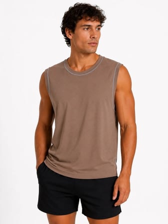 Erkek Kontrast Biyeli Kolsuz Atlet Bisiklet Yaka Yazlık Basic Atlet - Kahverengi