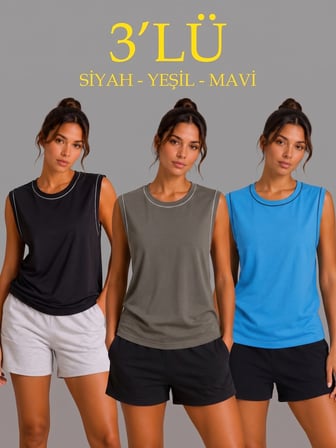 Kadın 3’lü Kolsuz Sporcu Atlet Seti Yazlık Bisiklet Yaka - Siyah, Haki, Mavi