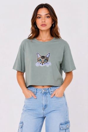 Kadın Kedi Baskılı Oversize Crop Tişört Salaş Basic Yarım Kol T-shirt - Mint Yeşili