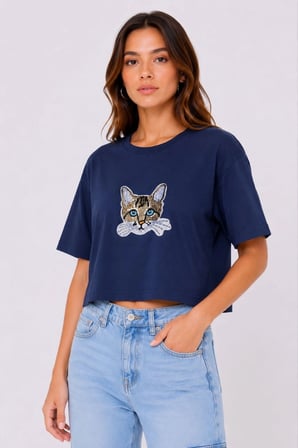 Kadın Kedi Baskılı Oversize Crop Tişört Salaş Basic Yarım Kol T-shirt - Lacivert