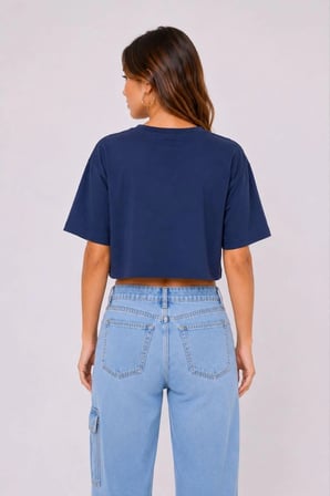 Kadın Kedi Baskılı Oversize Crop Tişört Salaş Basic Yarım Kol T-shirt - Lacivert