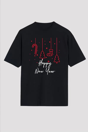 Yılbaşı Happy New Year Baskılı Kısa Kollu Oversize Bisiklet Yaka T-shirt - Siyah