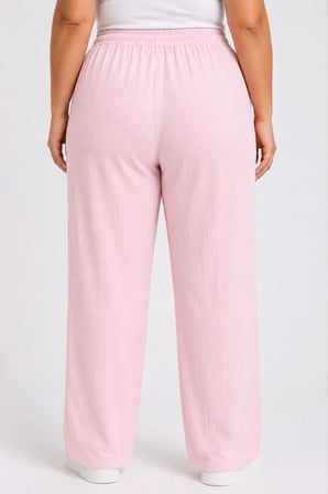 Kadın Battal Beden Bürümcük Kumaş Beli Lastikli Bağcıklı Bol Paça Palazzo Pantolon - Pembe