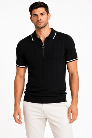 Erkek Fitilli Triko T-shirt Polo Yaka Yarım Fermuarlı Kısa Kollu Tişört - Siyah