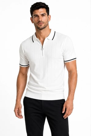 Erkek Fitilli Triko T-shirt Polo Yaka Yarım Fermuarlı Kısa Kollu Tişört - Beyaz
