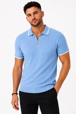 Erkek Fitilli Triko T-shirt Polo Yaka Yarım Fermuarlı Kısa Kollu Tişört - Açık Mavi