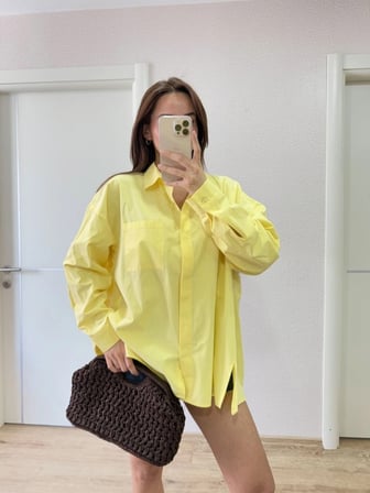 Kadın Oversize Pens Detaylı Cepli Yırtmaçlı Rahat Kalıp Poplin Gömlek - Sarı