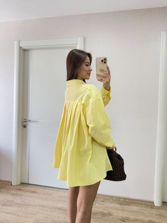 Kadın Oversize Pens Detaylı Cepli Yırtmaçlı Rahat Kalıp Poplin Gömlek - Sarı