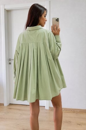 Kadın Oversize Pens Detaylı Cepli Yırtmaçlı Rahat Kalıp Poplin Gömlek - Yeşil