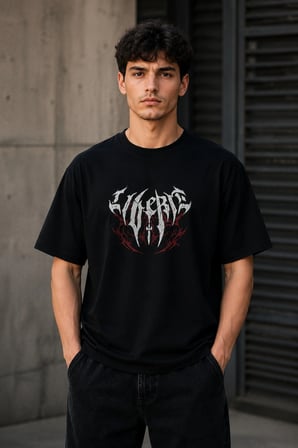 Erkek Gotik Yazı Baskılı Oversize Bisiklet Yaka T-Shirt - Siyah