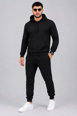 Erkek İki İplik Kapüşonlu Kanguru Cepli Sweatshirt Jogger Pantolon Alt Üst Eşofman Takımı -Siyah