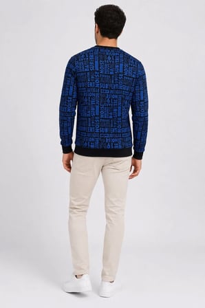 Erkek Siyah Mavi Yazı Desenli İki İplik Şardonlu Sweatshirt