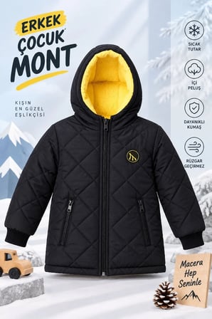 Erkek Çocuk İçi Pelüş Astarlı Kapüşonlu Kapitone Fermuarlı Kışlık Şişme Mont