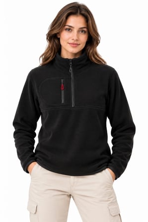 Kadın Polar Dik Yaka Yarım Fermuarlı Fermuarlı Göğüs Cepli Regular Fit Kışlık Sweatshirt - Siyah