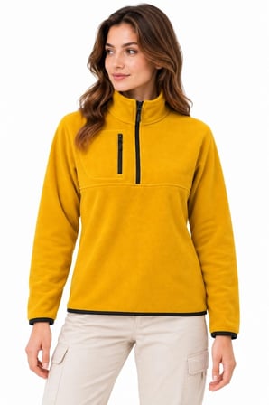 Kadın Polar Dik Yaka Yarım Fermuarlı Fermuarlı Göğüs Cepli Regular Fit Kışlık Sweatshirt - Hardal Sarısı