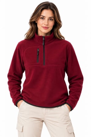 Kadın Polar Dik Yaka Yarım Fermuarlı Fermuarlı Göğüs Cepli Regular Fit Kışlık Sweatshirt - Bordo